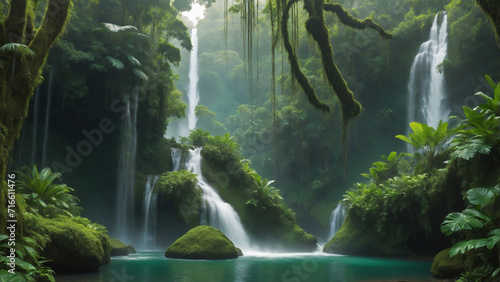 A cascading waterfall hidden within a lush, emerald-green rainforest, surrounded. ai generative