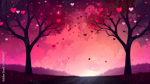 Cartoon Style Illustration of a Romantic Landscape. Landscape with hearts Valentine's Day. Usable for print, or web graphic design, card, poster. © Voysla