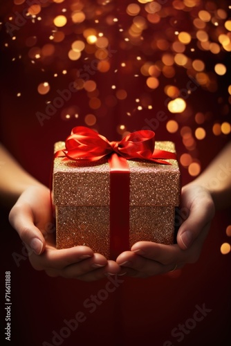 Festive Gift Presentation: Hands with Gold Box and Red Ribbon - Valentine's Day Concept
