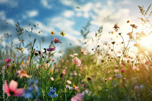 flower field with flowers and petals flying in the sunny sky