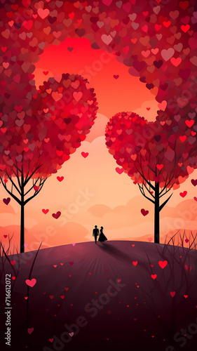 Cartoon Style Illustration of a Romantic Landscape. Landscape with hearts Valentine s Day. Usable for print  or web graphic design  card  poster.