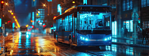 Electric bus with blue lights. Future of urban transport photo