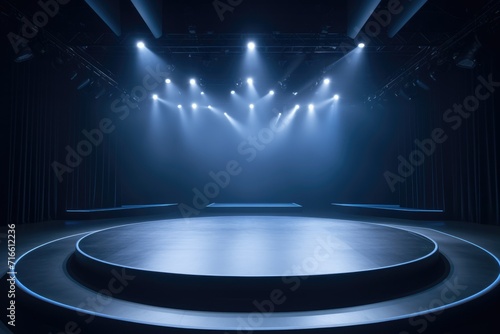 empty stage, bright blue spotlights. start of the show. theater, concert hall