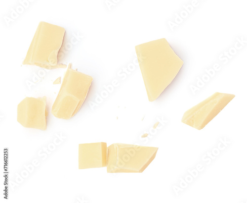  White Milk Chocolate  isolated on white background. Broken Chocolate pieces top view