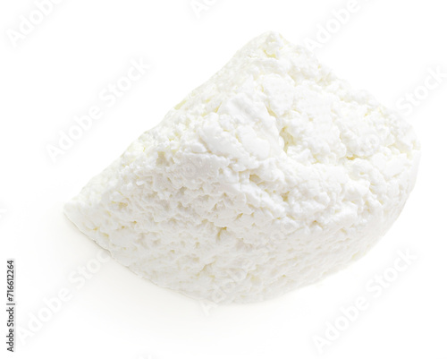 Cottage cheese isolated on white background closeup. Fresh grainy cottage cheese or feta for package design
