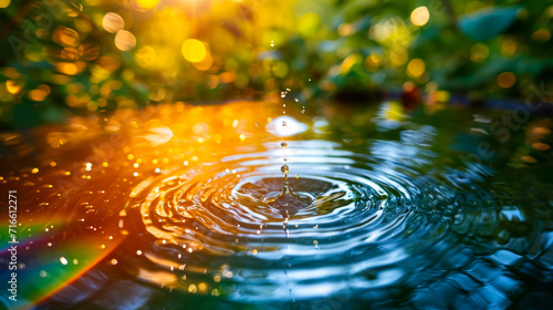 A crystal-clear droplet dances mid-air, sunlight catching its iridescence, as it plunges into a serene pond, creating ripples and reflections that mesmerize the onlooker photo