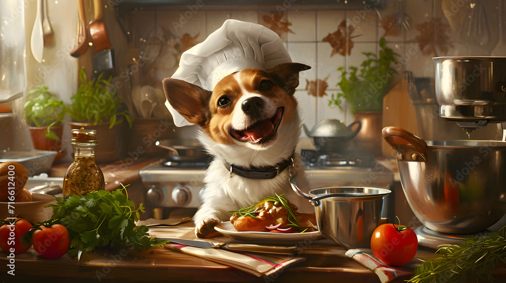A dog in a chef's hat, cooking a meal in a kitchen