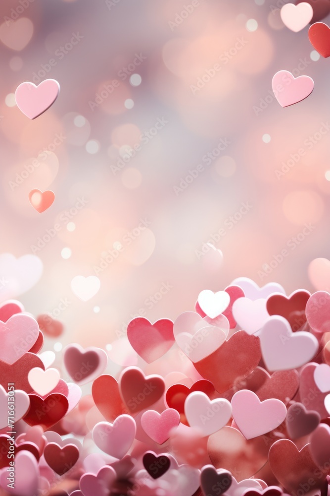 Whimsical Heart Confetti: Red and Pink Hearts on Light Gradient - Valentine's Day Concept Whimsical Heart Confetti: Red and Pink Hearts on Light Gradient - Valentine's Day Concept