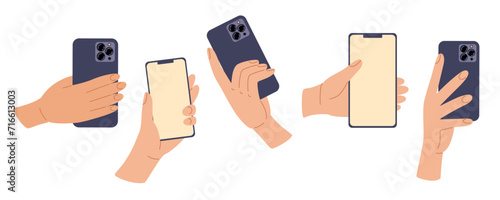 Human hands hold smartphone. Mobile phones in arms. Vector illustration in hand drawn style