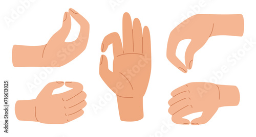 Pinch human hand. Pinched Fingers hand gesture. Palm and fingers laid in gestures of holding or giving something. Vector illustration in hand drawn style 