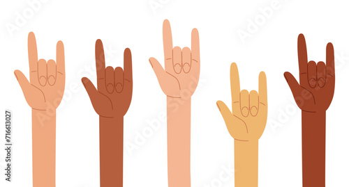 Human hands up showing rock sign. Group of diverse human arms, gesture, fans, roker, rock-n-roll, music. Festival symbol. Vector illustration in hand drawn style 