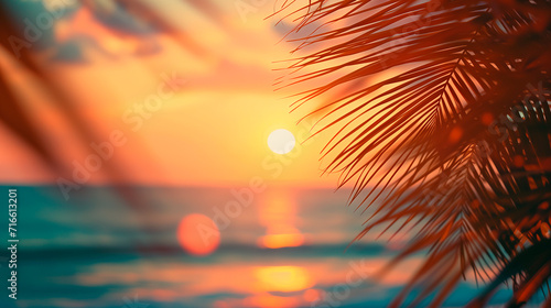 Summer vacation defocused background blurred sunset over the ocean and palm leaves © KEA