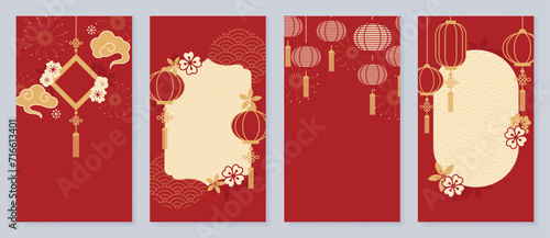 Chinese New Year cover background vector. Luxury background design with chinese pattern, lantern, cloud, firework, flower. Modern oriental illustration for cover, banner, website, social media.