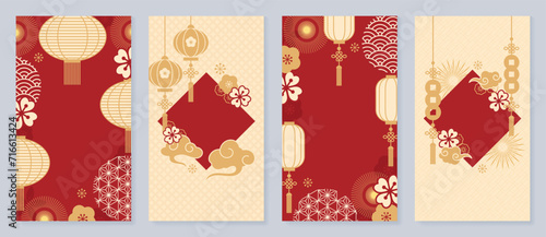 Chinese New Year cover background vector. Luxury background design with chinese pattern, lantern, cloud, firework, flower, coin. Modern oriental illustration for cover, banner, website, social media.