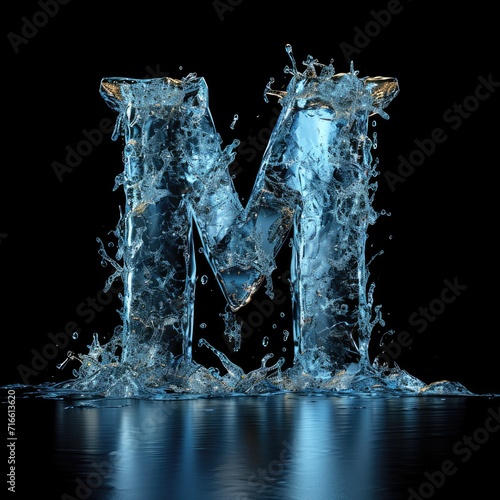 the letter M made of smooth perfect ice, black background