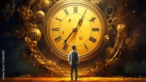 A tiny man stands near a white  magical  mysterious large clock. past and future. concept of wasting time.