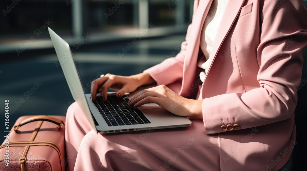 Naklejka premium a woman in a pink suit is typing on a laptop at the airport. businessman in the terminal with luggage. work online