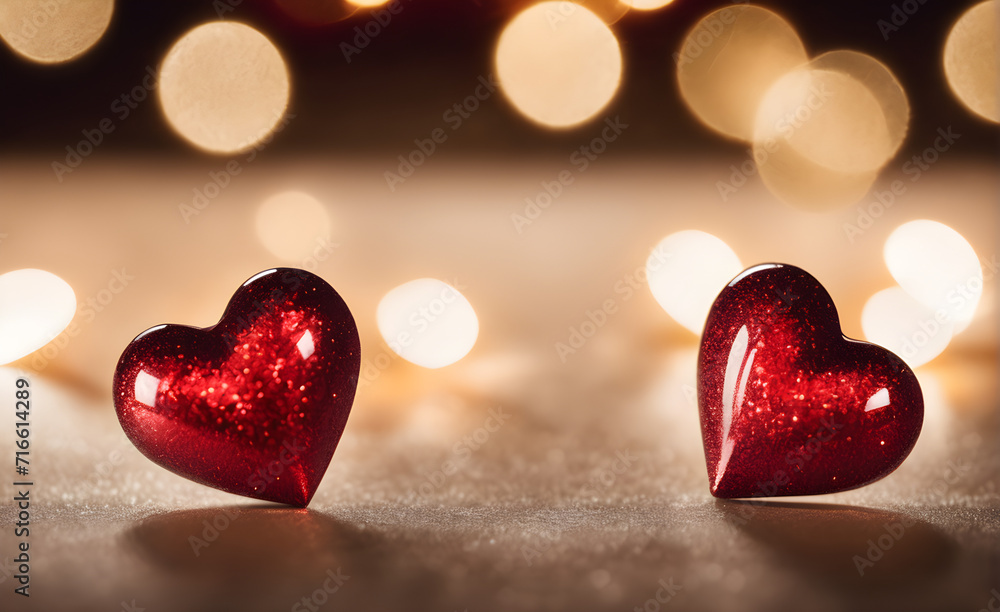 Two small red heart on a sparkling white background, Valentine's Day, Christmas. Generative AI