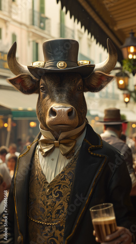 Suave bull roams the city streets in tailored elegance, epitomizing street style. The realistic setting frames his majestic presence, blending urban chic with bovine charm in a fashion-forward spectac © Дмитрий Симаков