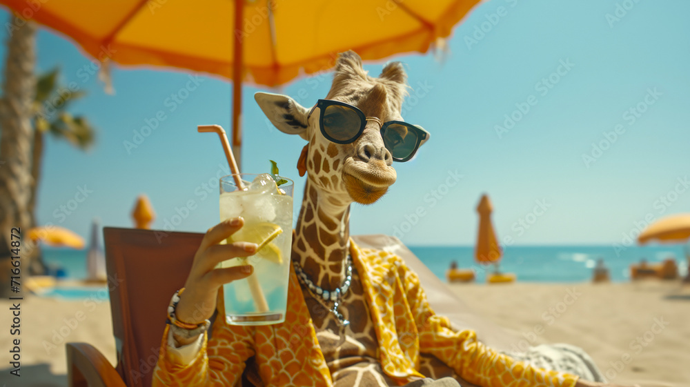 A giraffe in human clothes lies on a sunbathe on the beach, on a sun lounger, under a bright sun umbrella, drinks a mojito with ice from a glass glass with a straw, smiles, summer tones, bright rich c