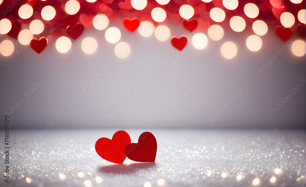 Two small red heart on a sparkling white background, Valentine's Day, Christmas. Generative AI Two small red heart on a sparkling white background, Valentine's Day, Christmas. Generative AI