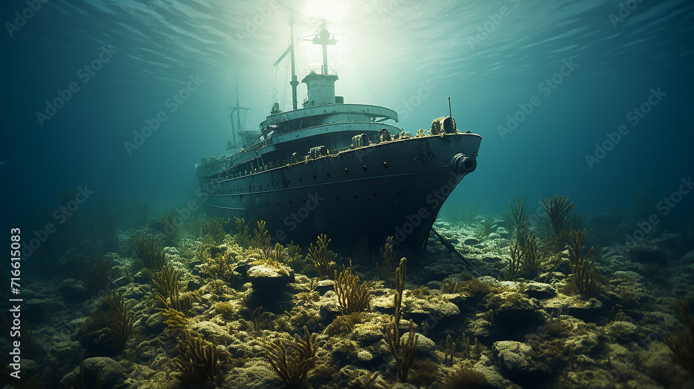 sunken ship landscape on the seabed, underwater view shipwreck artificial reef abstract fictional graphics sunken ship landscape on the seabed, underwater view shipwreck artificial reef abstract fictional graphics