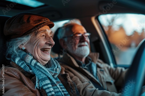 An elderly couple goes on a trip in their car