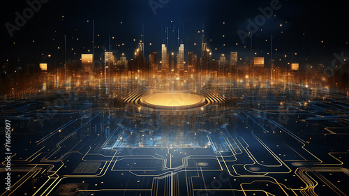 computer chip background indigo and golden shades of glow, abstract futuristic look invented chip quantum computer photo