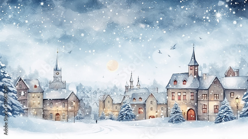 Christmas. new year card illustration winter landscape small houses in the snow, postcard winter view abstract small town or village