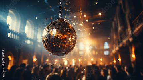 abstract background disco nightclub mirror disco ball with rays of light, silhouette of a crowd of people in the spotlight, and a musical performance, fictional photo