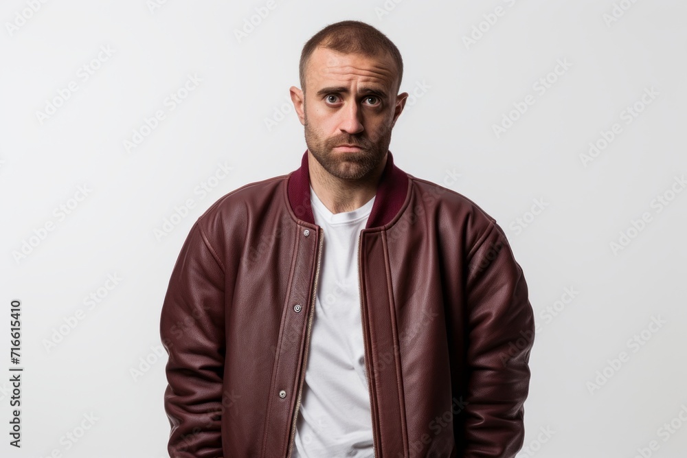 Portrait of a content man in his 40s sporting a stylish varsity jacket against a white background. AI Generation Portrait of a content man in his 40s sporting a stylish varsity jacket against a white background. AI Generation