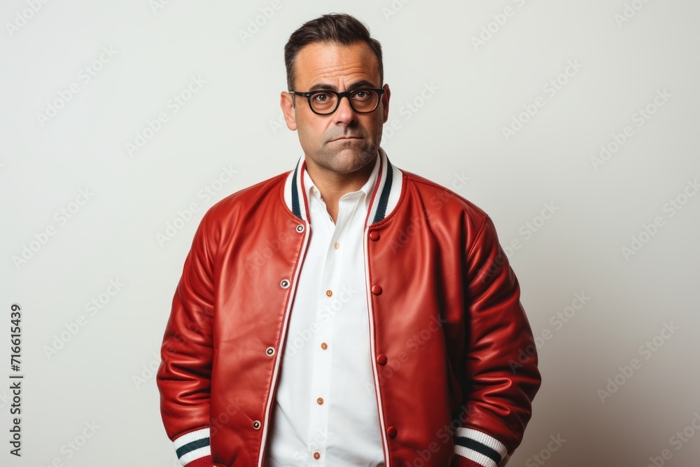 Portrait of a content man in his 40s sporting a stylish varsity jacket against a white background. AI Generation Portrait of a content man in his 40s sporting a stylish varsity jacket against a white background. AI Generation
