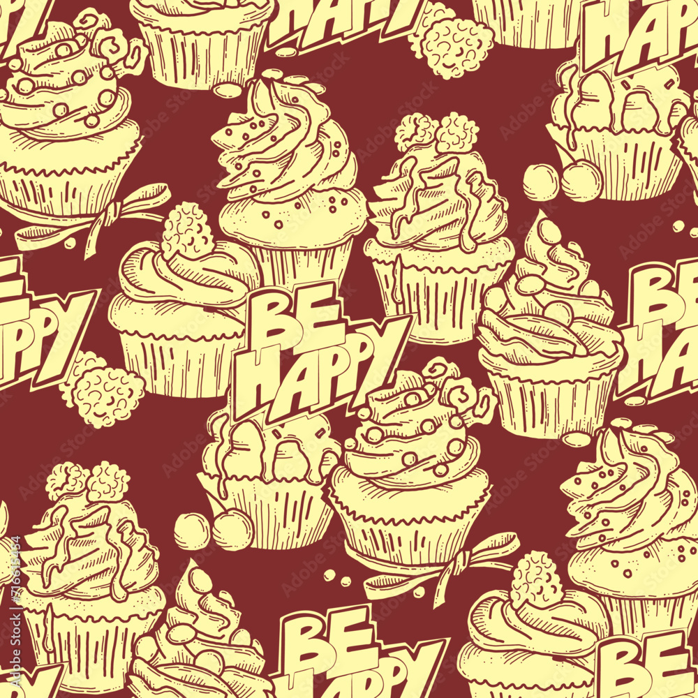 Tasty sweet cupcake dessert decorative seamless vector pattern for textile design, fabric print, digital or wrapping, wall paper, background and backdrop, bakery shop decoration, cafe, restaurant menu Tasty sweet cupcake dessert decorative seamless vector pattern for textile design, fabric print, digital or wrapping, wall paper, background and backdrop, bakery shop decoration, cafe, restaurant menu