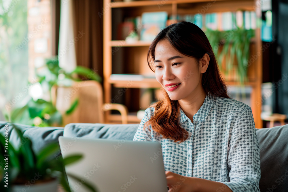 Businesswoman using laptop talk to colleagues about plan in video call meeting at living room. Businesswoman using laptop talk to colleagues about plan in video call meeting at living room.