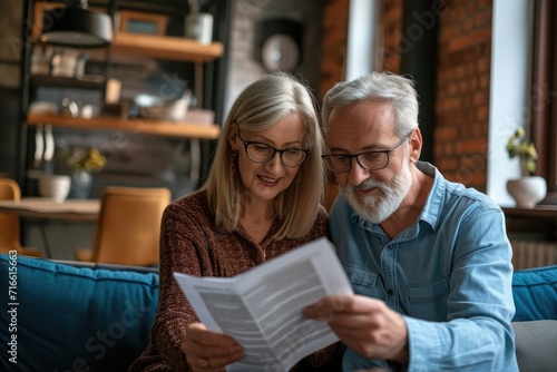 Satisfied elderly middle-aged couple reading newspaper