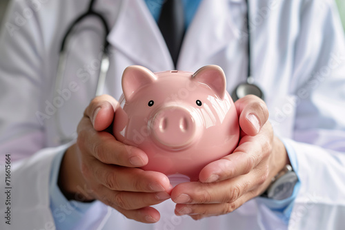 A medical doctor holding a piggy bank in his hands close-up, depicting the concept of medical bills, health insurance, or healthcare expenses 