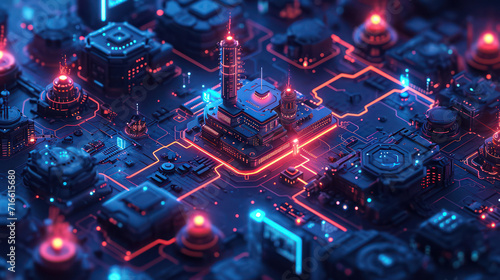 Tech Infusion: A Futuristic Network of Digital Intelligence in a Glowing Isometric Cityscape