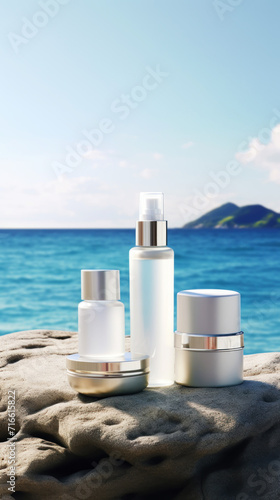 Cosmetic bottles on the stone with a blurred sea backdrop.Natural organic cosmetic mock up. Generative AI.