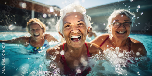 Happy senior women having fun in the pool. Active retirement concept. © FutureStock