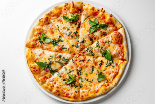 Pizza Margarita on a white plate, white background, top view, flat lay.