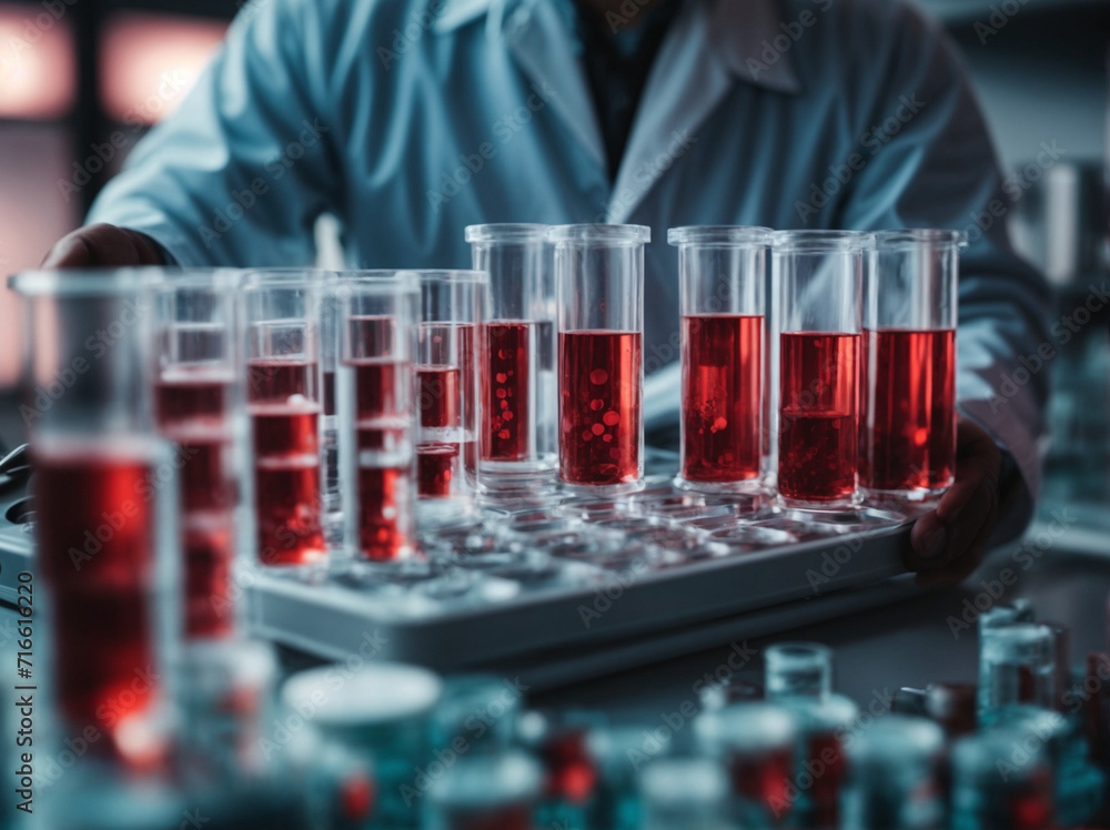 Scientist holding a test tube with a solution in gloves in a research lab or doing chemical experiments. Scientist holding a test tube with a solution in gloves in a research lab or doing chemical experiments.