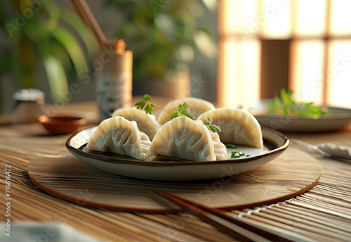 Steamed gyozas on a plate, chopsticks on the side, soy sauce, and seasonings in the background, in daylight photo