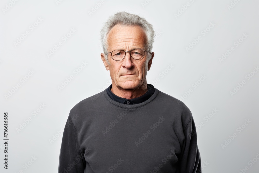 Portrait of a content man in his 70s wearing a thermal fleece pullover against a white background. AI Generation Portrait of a content man in his 70s wearing a thermal fleece pullover against a white background. AI Generation