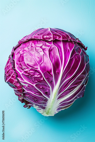 Top view image of a fresh red cabbage against a light blue background - Generative AI