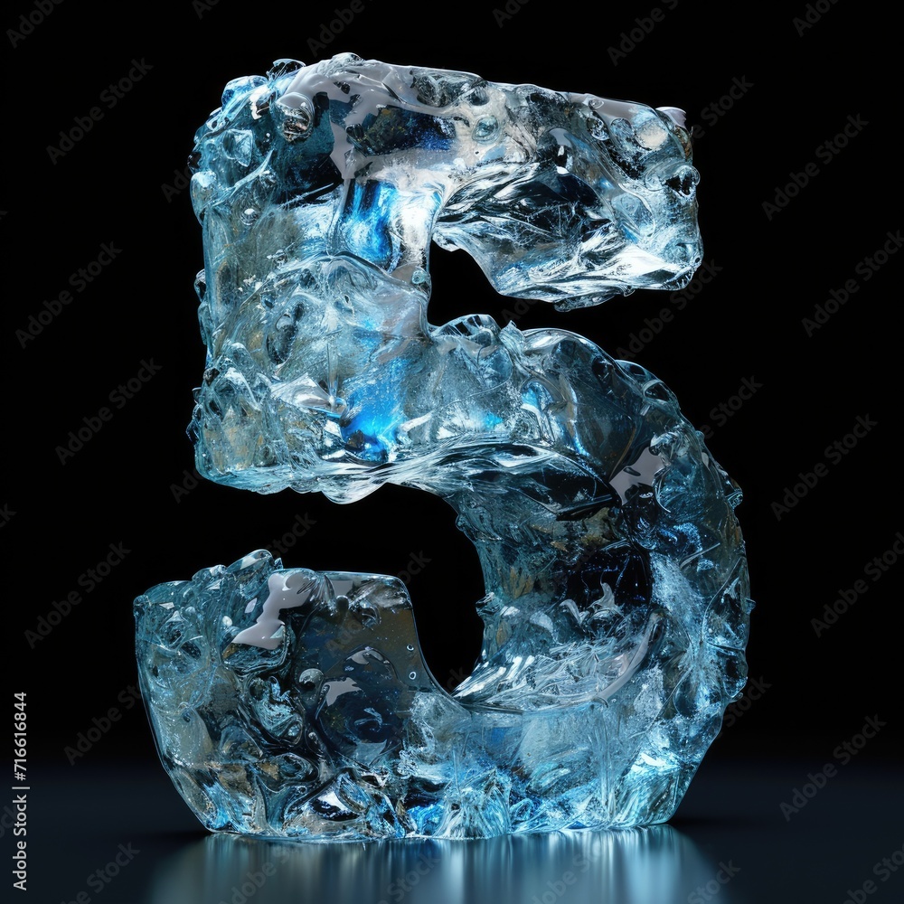 the number 5 made of smooth perfect ice, black background the number 5 made of smooth perfect ice, black background