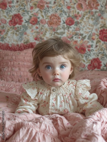 A peaceful toddler rests on a soft bed, her delicate features resembling a porcelain doll in her cozy clothing