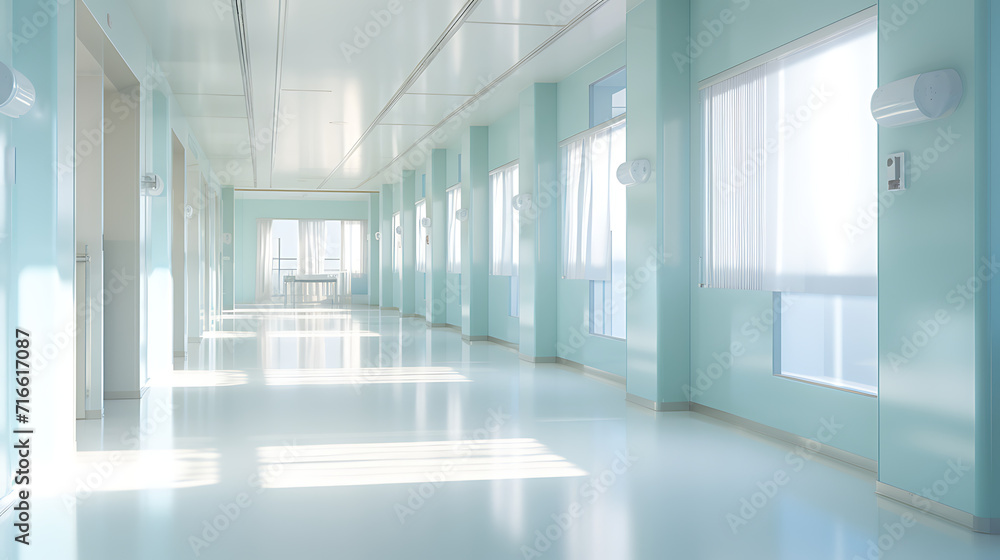 hospital corridor with light shining through glass, in the style of soft pastel colors, medical themes. 