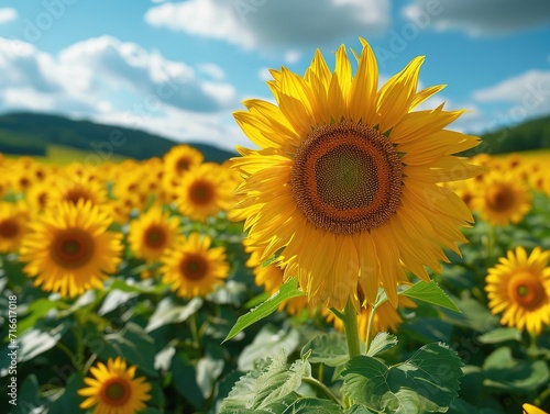A vibrant sunflower stands tall against a clear blue sky  its large petals glowing with the warmth of summer as it basks in the sun and releases pollen into the landscape
