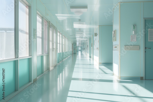 hospital corridor with light shining through glass, in the style of soft pastel colors, medical themes.  © LiezDesign