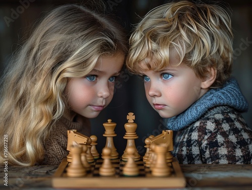 A young boy and girl engage in a strategic battle of wits, their human faces focused and determined as they move their chessmen across the board in this intense tabletop game